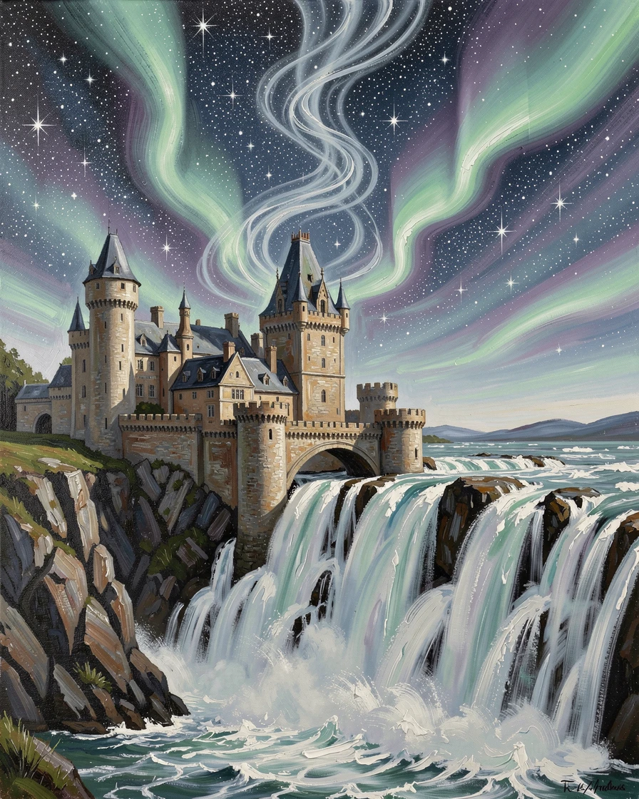 A grand castle built into the side of a waterfall, atop a cliff overlooking an endless, star-filled sky, light rippling outward like water, under a sky streaked with shifting auroras.