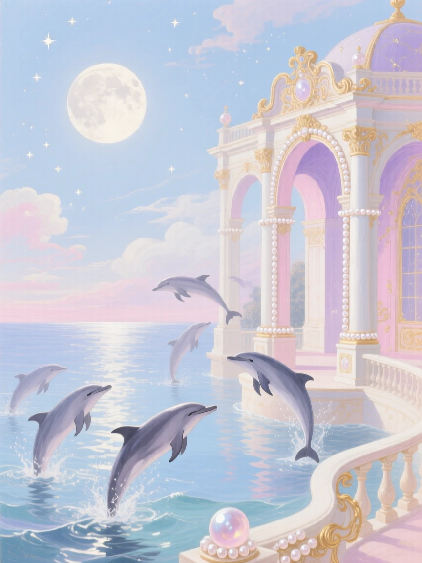 A moonlit sea palace with pearl arches and dancing dolphins  