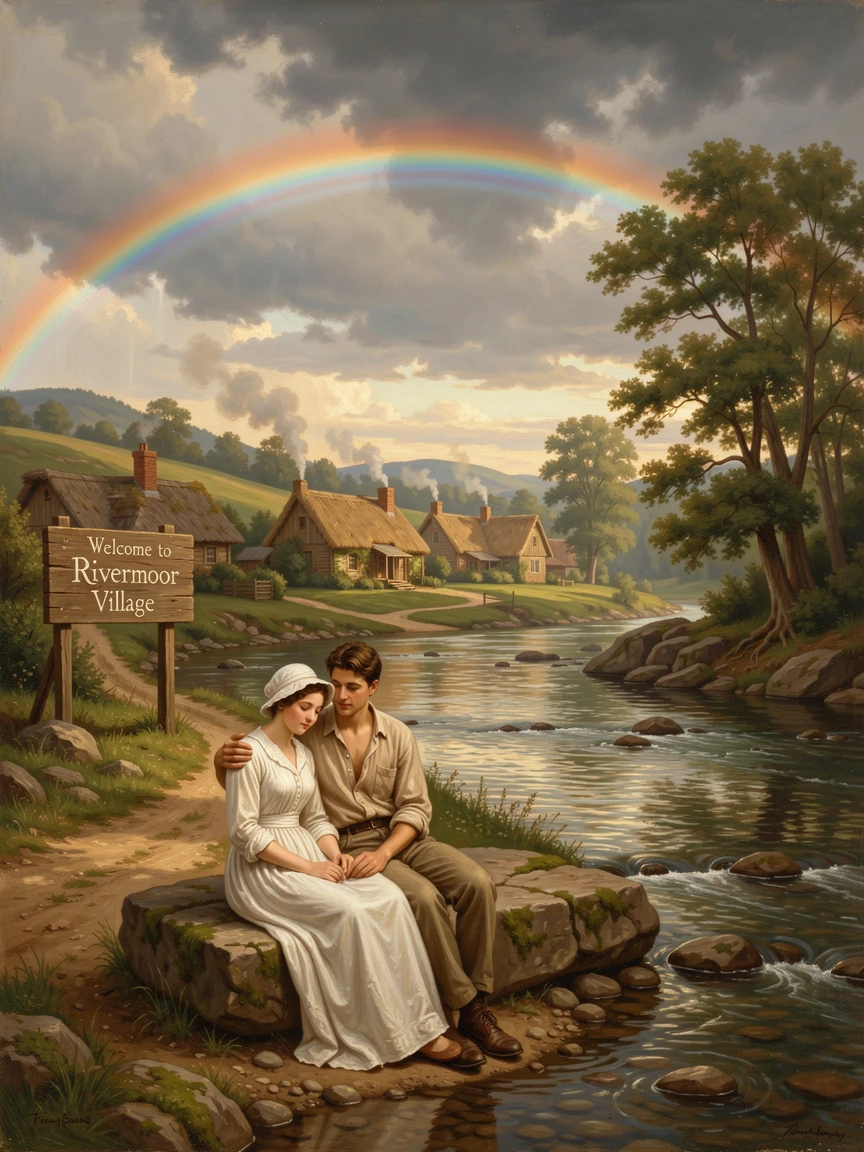 A young couple rests beside a river crossing near a small village beneath a rainbow after a storm.