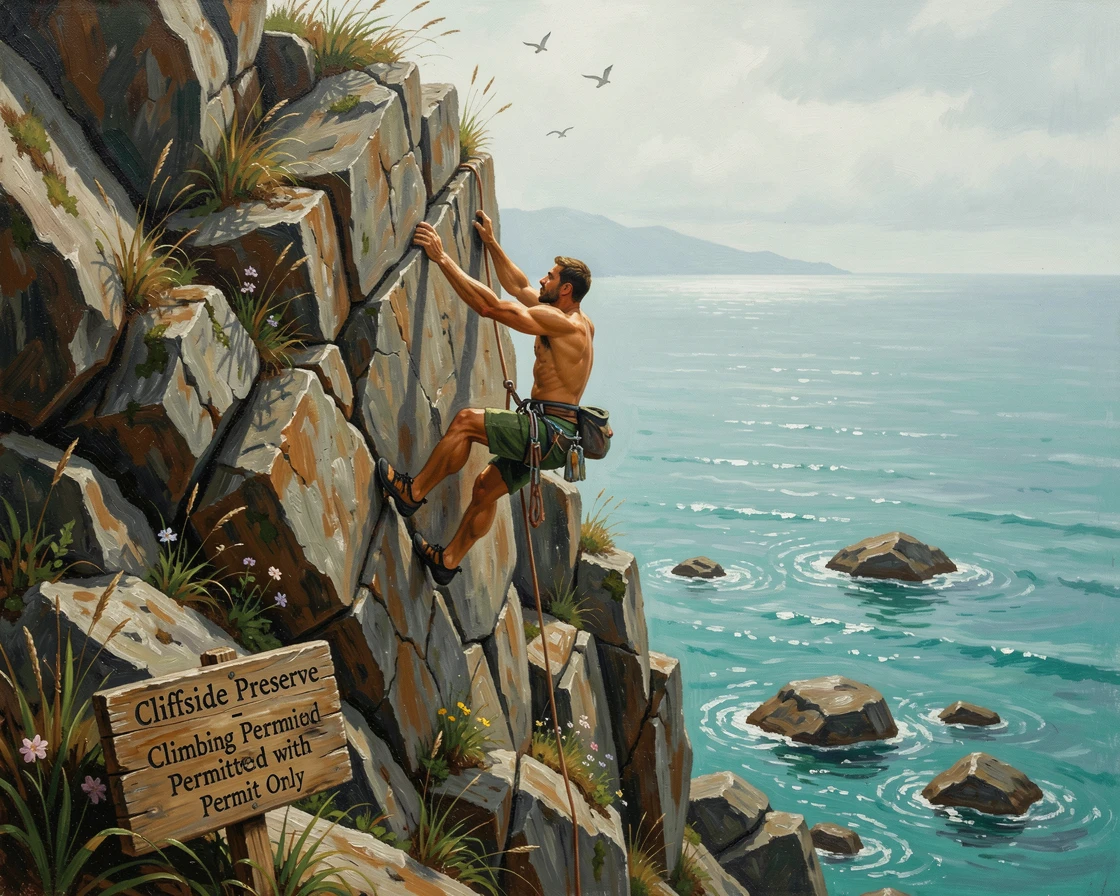 A rock climber scaling a dramatic cliff face high above a turquoise sea, with rich environmental detail immersing the viewer in the destination, radiating the thrill of seeing the world's most incredible places