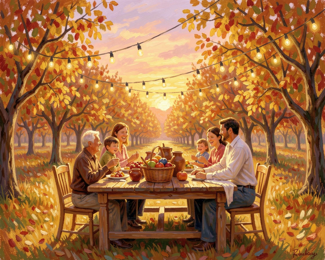 A joyful family gathered around a long harvest table beneath string lights in a golden autumn orchard, under a glowing sunset sky.