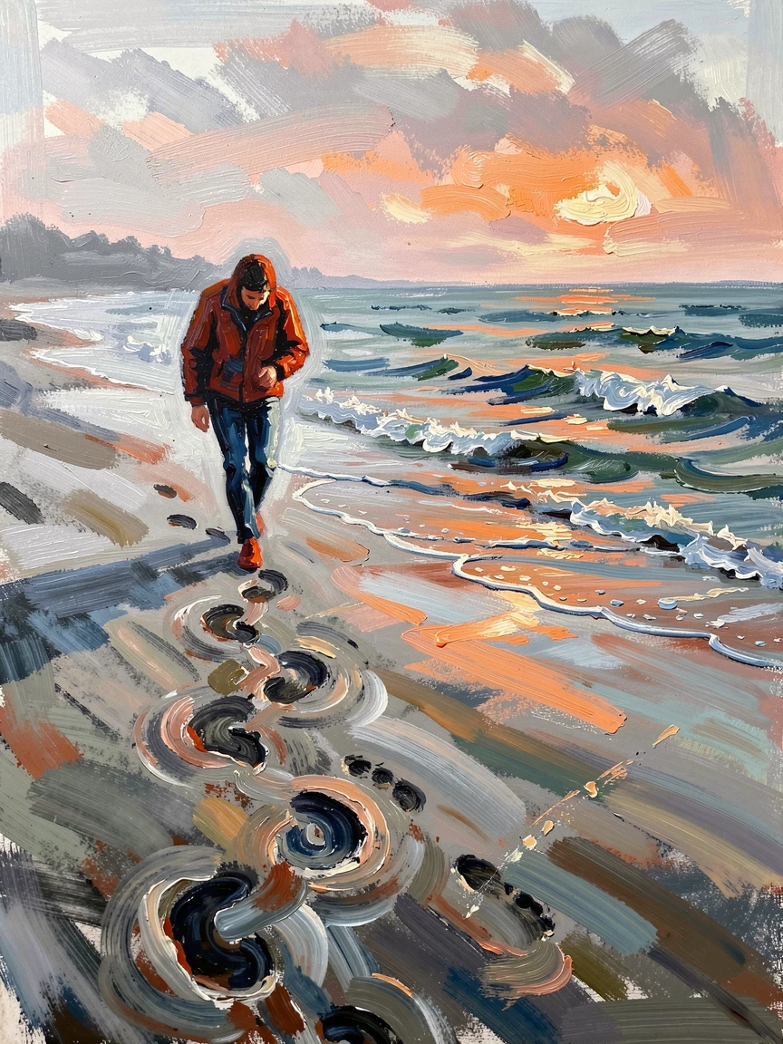 A solitary figure walking along a foggy beach at dawn, footprints trailing behind.