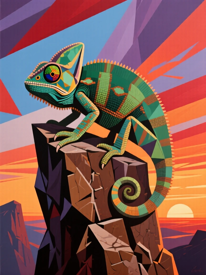 A striking view of a chameleon perched high on a rocky cliff at sunset beneath a dramatic sky.