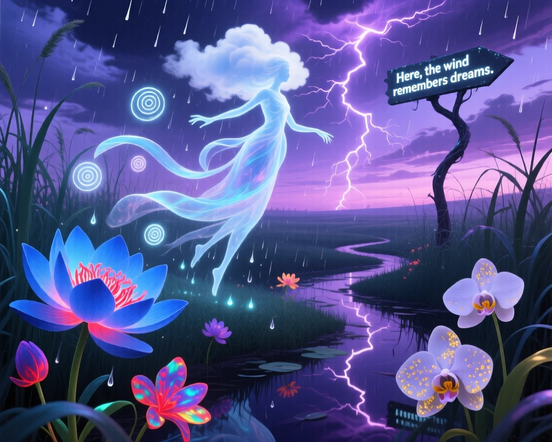 A cloud spirit shaping storms with slow, graceful gestures moves gracefully through a field of tall glowing grass, as flowers bloom instinctively wherever it steps.