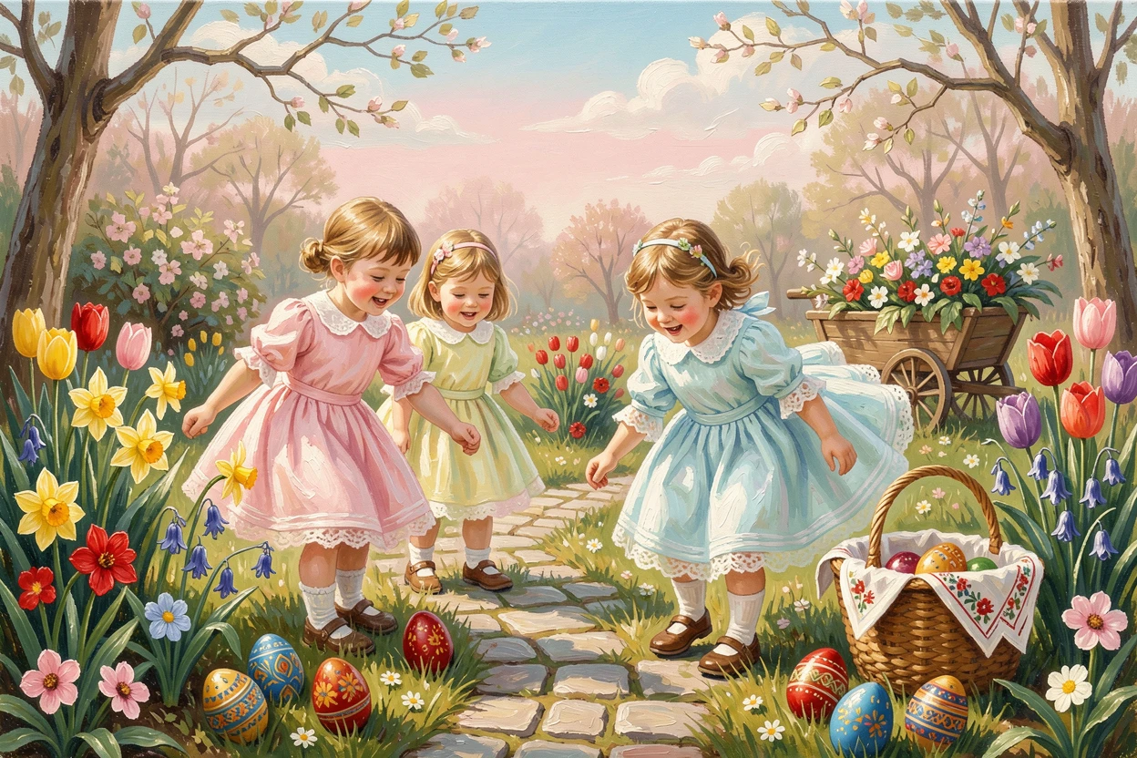 A festive Easter morning scene shows children in pastel outfits searching a flower-filled garden for colorful hidden eggs, small cultural details woven throughout the scene, grounding it in a specific time and place.
