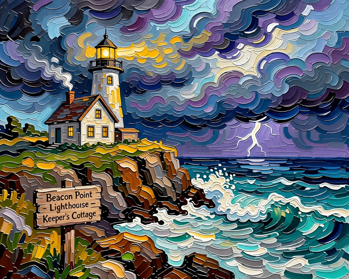 A lighthouse keeper's cottage glowing warmly against an approaching evening storm