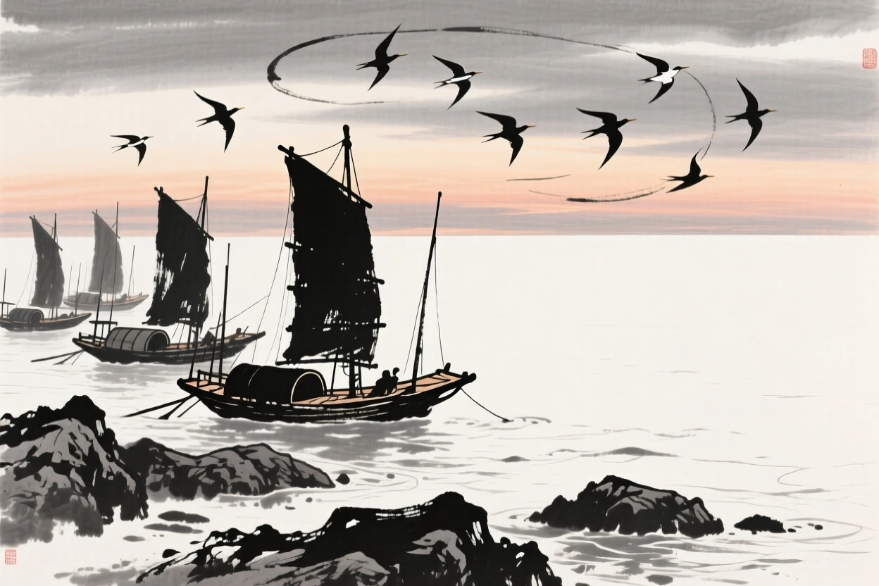 Seabirds wheel above a fleet of fishing boats returning at dusk, as the tide pulls gently back from the rocks.