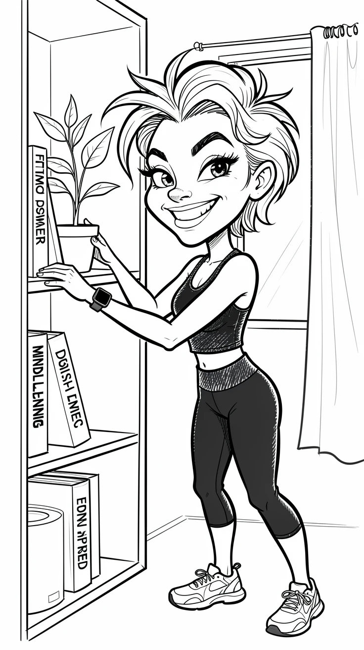[Trending & Universal Topics] Modern lifestyle scene of a stylish home fitness enthusiast curating a perfectly aesthetic bookshelf, capturing everyday joy