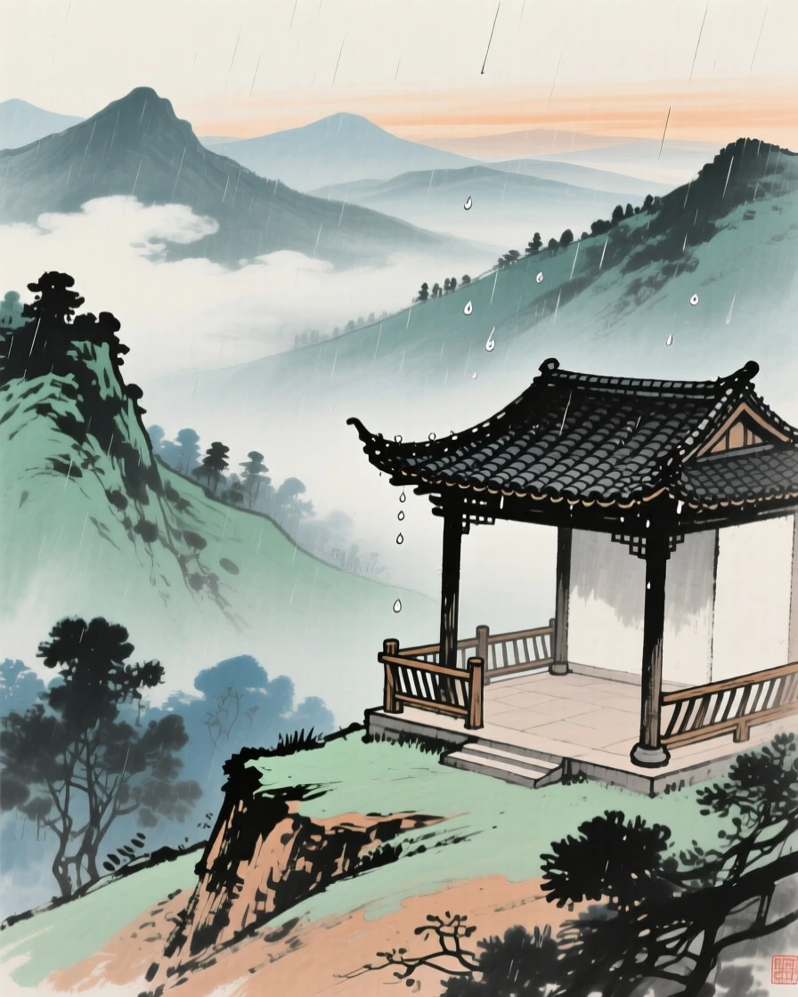 An empty pavilion overlooking mountains fading into evening haze, just after a rain shower, beneath low hanging clouds.