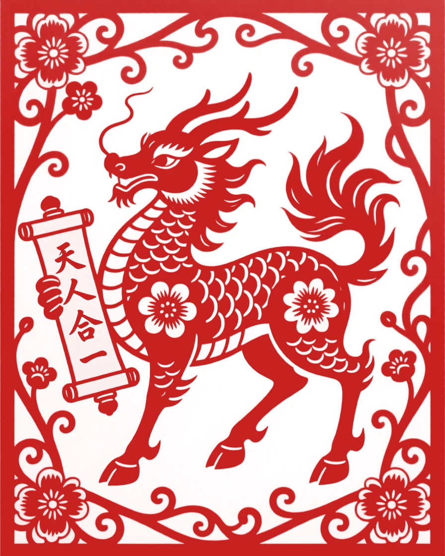 A qilin bearing a scroll, set against a field of scrolling vines, representing harmony between heaven and earth.
