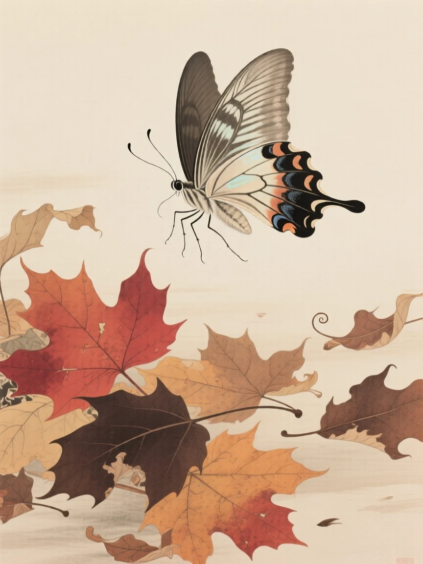 A butterfly playing among fallen autumn leaves