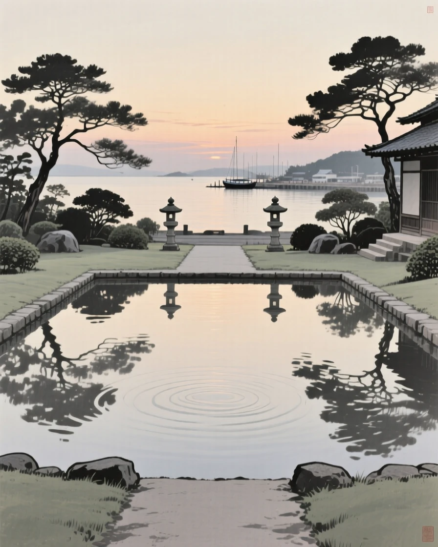 A traditional garden with a still reflecting pool overlooking a calm harbor at dusk, framed symmetrically along a central path, capturing a serene blend of nature and human presence.