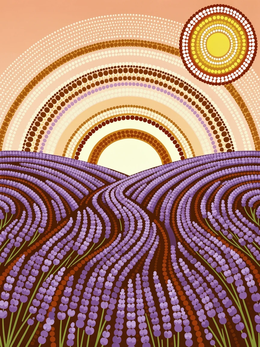 A lavender field glowing at sunrise
