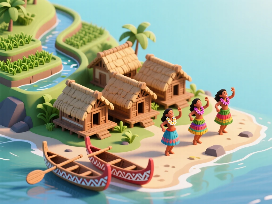 A colonial Hawaiian village with outrigger canoes, taro fields terraced along a hillside, and hula dancers celebrating a festival.