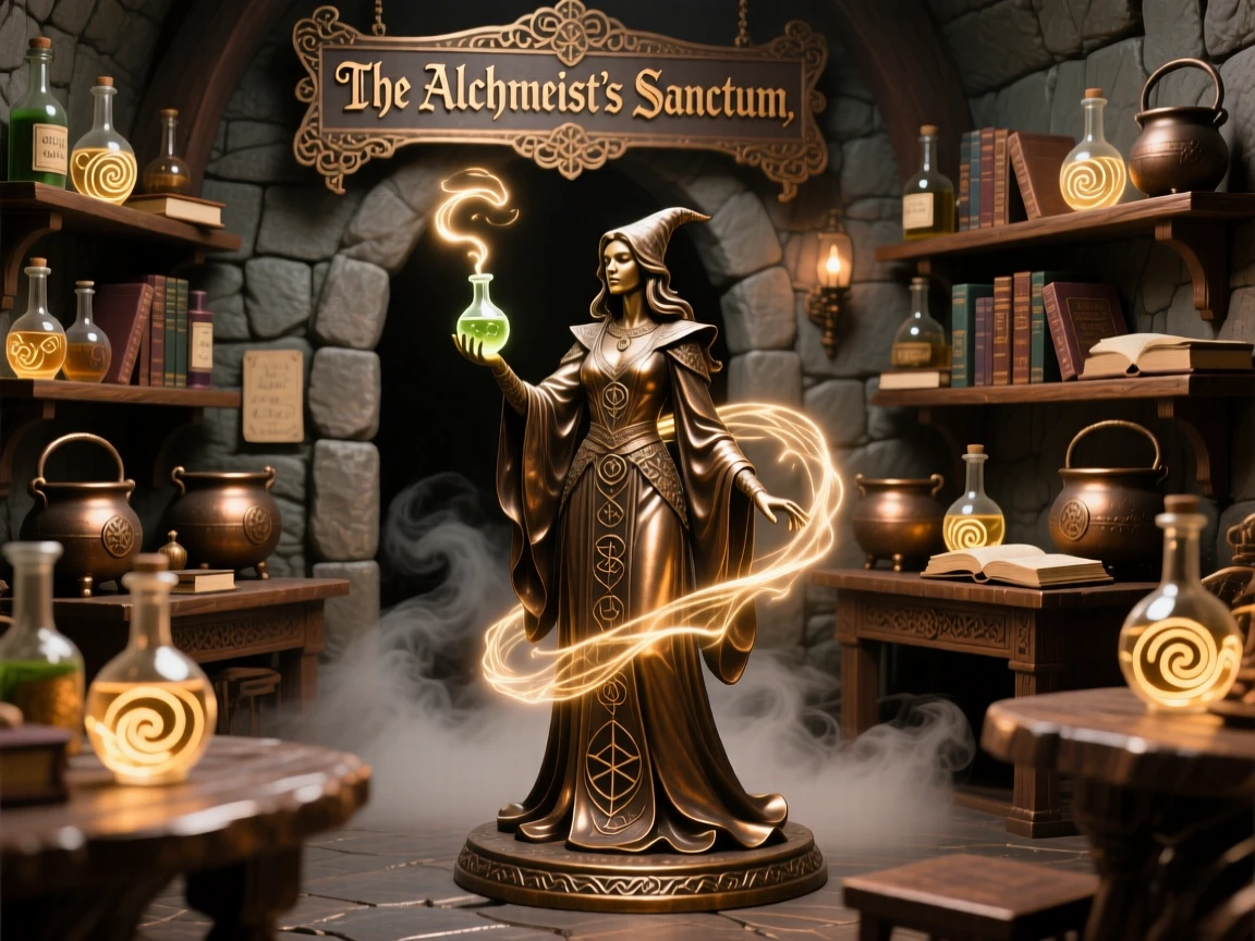 A sorceress's chamber filled with swirling potions, glowing with magical, luminous light, transporting the viewer to another world
