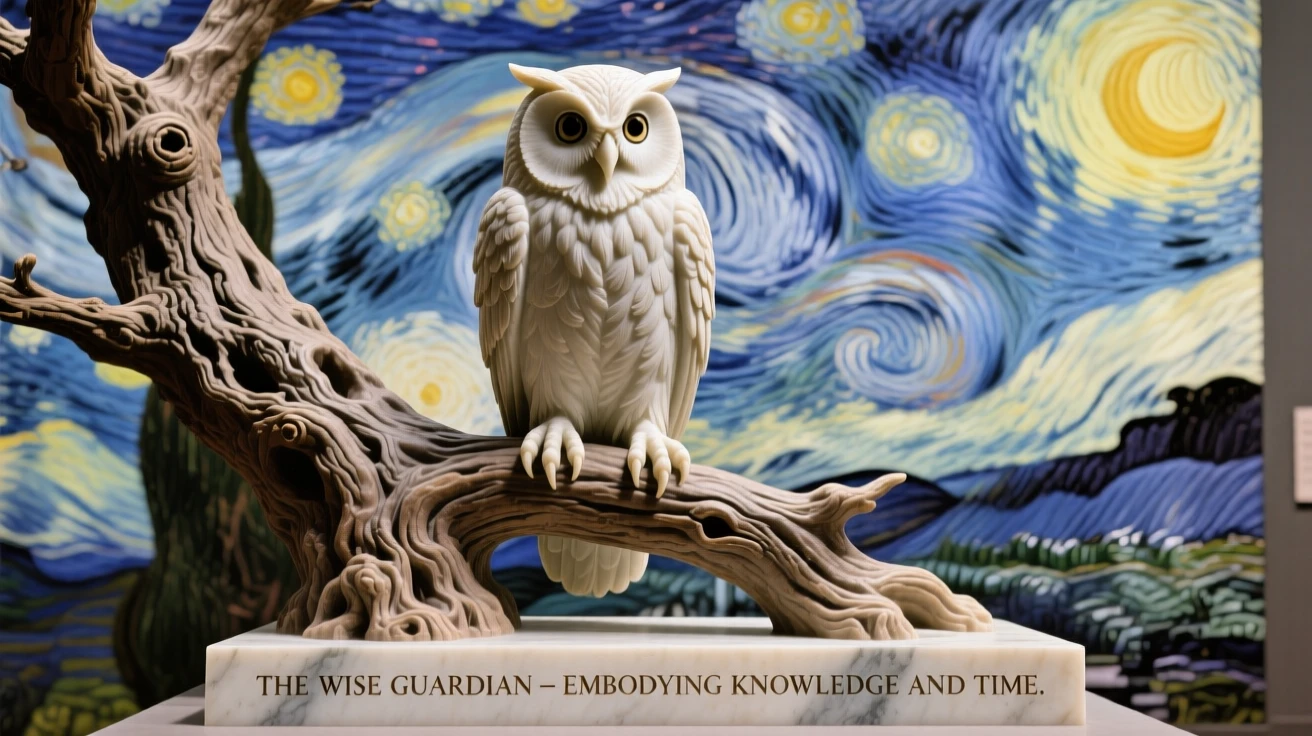 An evocative depiction of a wise old owl perched in an ancient oak, under a brilliant, colorful sky, balancing detail with emotional depth