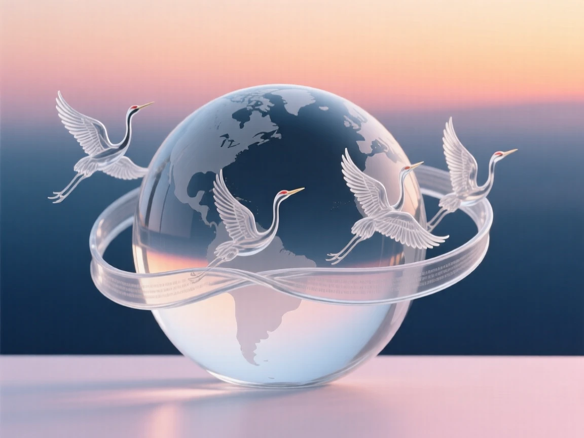 A globe encircled by a ribbon of migrating cranes, beneath a horizon glowing with the first light of dawn