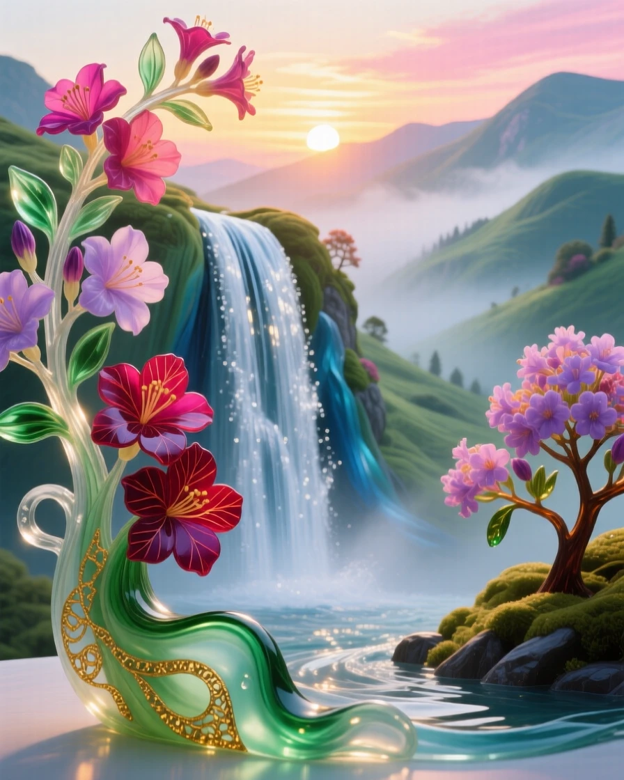 A grand waterfall framed by the most vivid blooming rhododendrons in a misty highland valley at sunrise, lush and vivid.