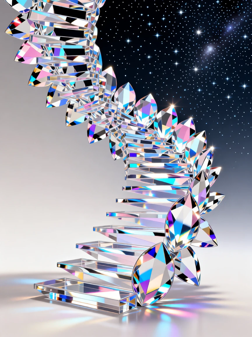 A dreamlike staircase of crystal petals ascending into a starlit void.