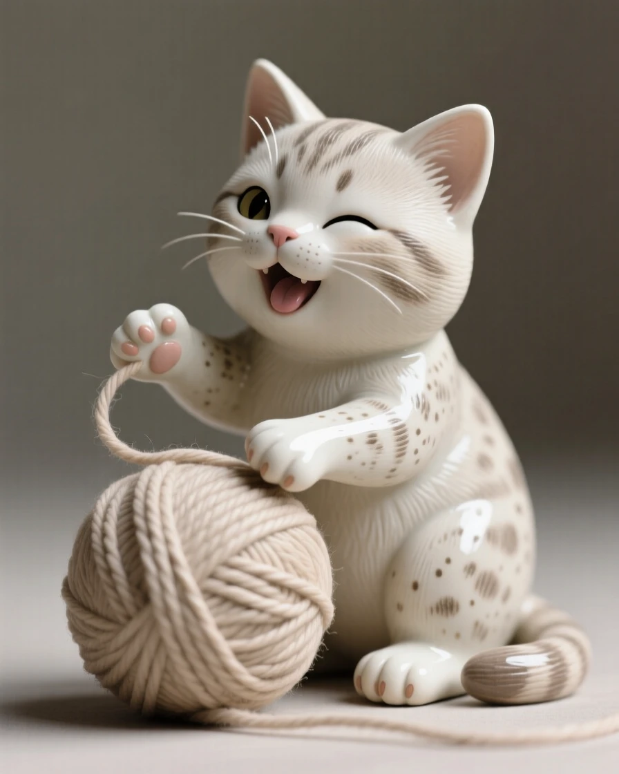 A tiny kitten batting at a ball of yarn frozen mid-giggle in a joyful moment, dotted with tiny, delicate freckled markings, stirring an overwhelming urge to smile.