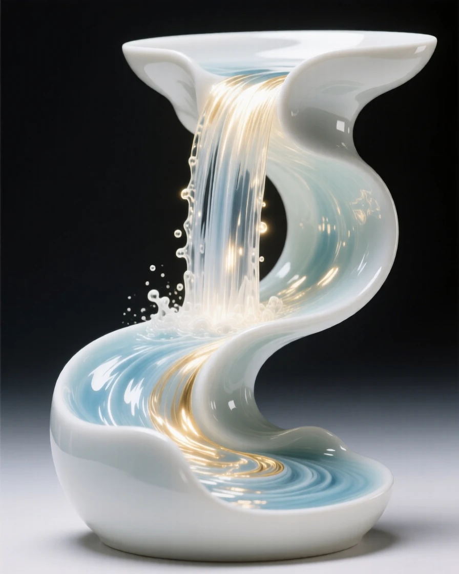 A surreal composition where a river flows upward into a waterfall of light, suspended in a moment of serene stillness.