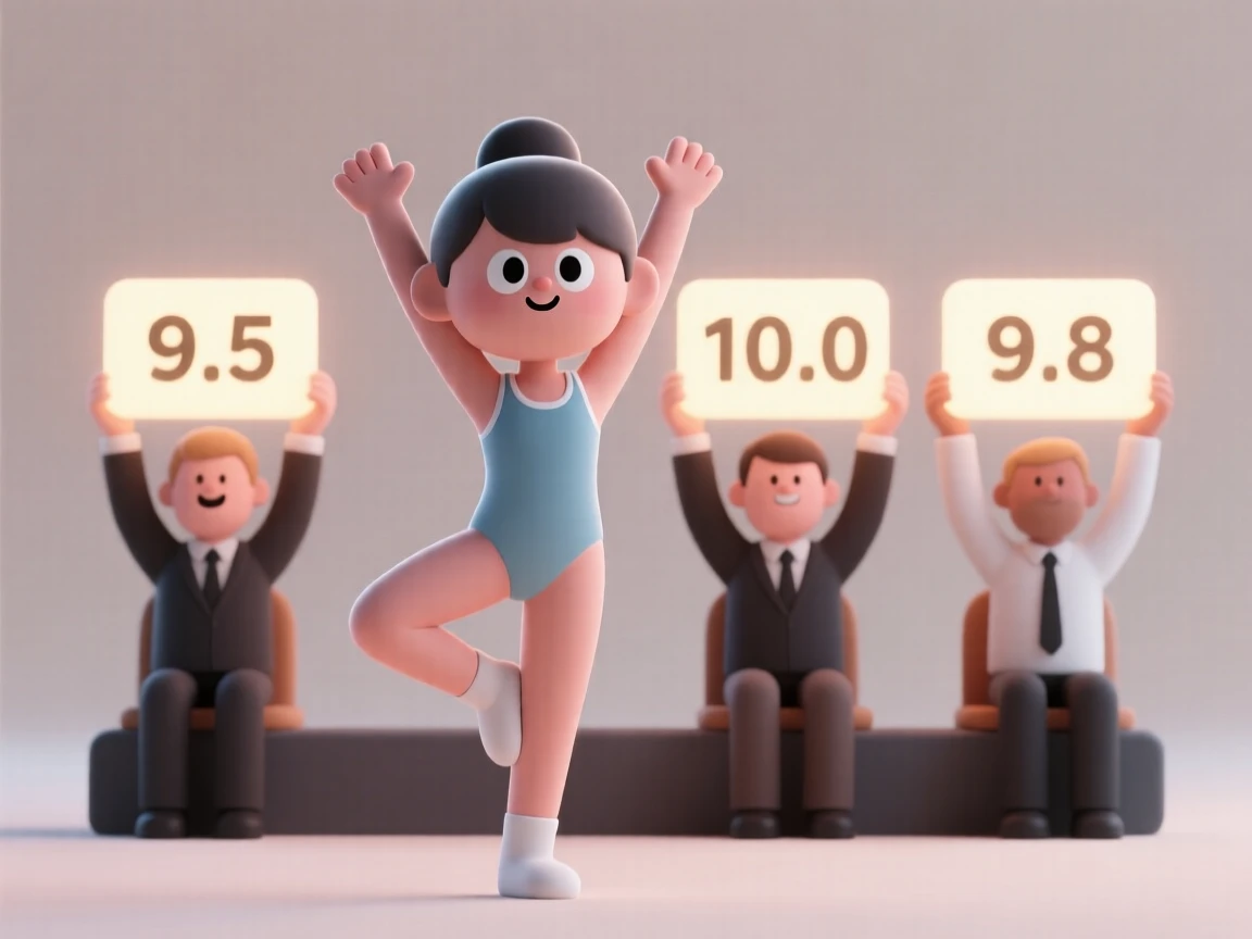 A determined young gymnast sticks a perfect landing, arms raised as judges hold up glowing scorecards.