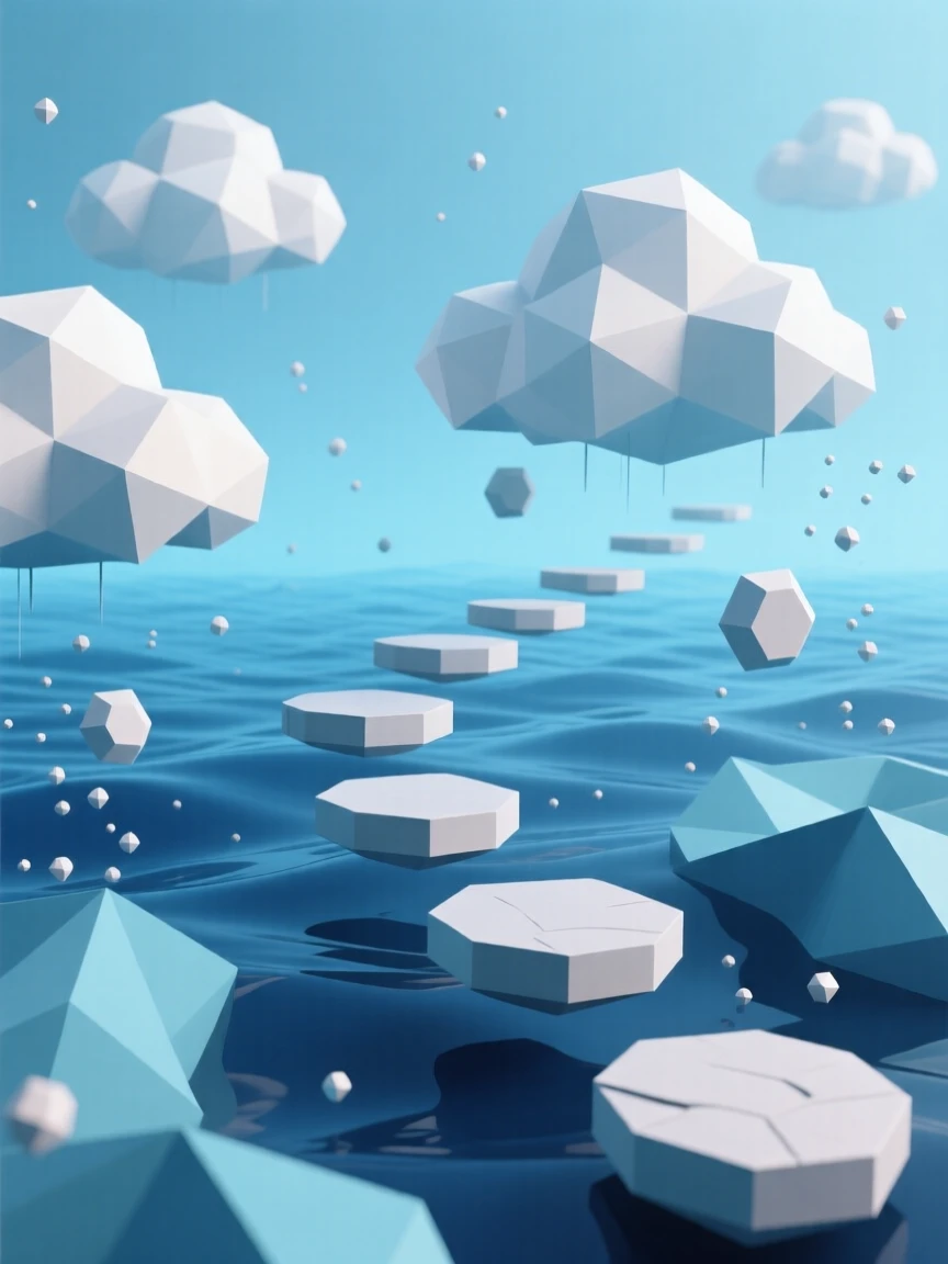 A dreamy cloudscape with floating stepping stones, beneath deep blue underwater currents. fine particle detail adds texture to the vast space. There is a dreamlike, otherworldly quality to the moment.
