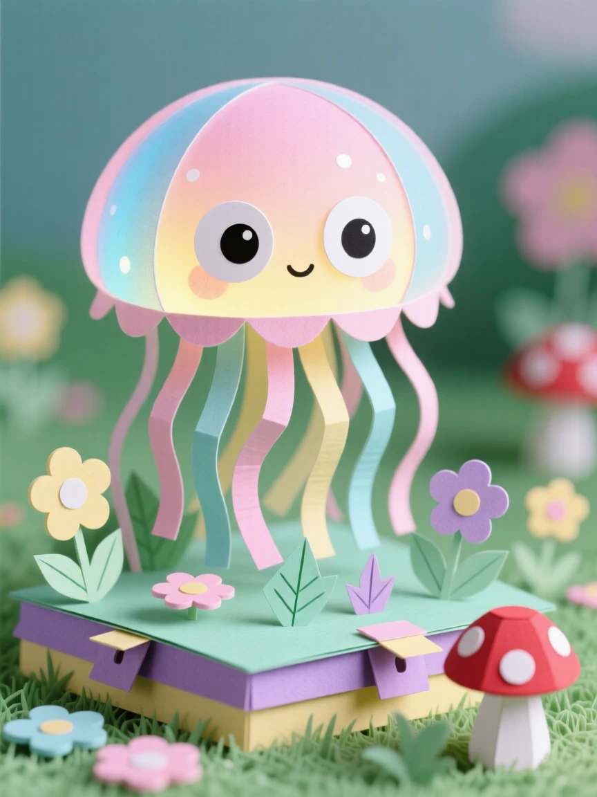 A glowing baby jellyfish exploring a miniature candy-colored meadow, with big round curious eyes, evoking whimsical charm and gentle humor.