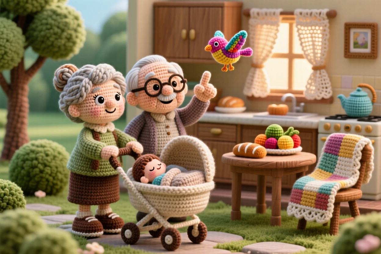 grandparents pushing a stroller through the park, pausing to point out a passing bird, is captured smiling down at their sleeping grandchild in a cozy kitchen filled with the smell of home cooking beside a warm quilt draped over a nearby chair, showing the simple joy of everyday family life.