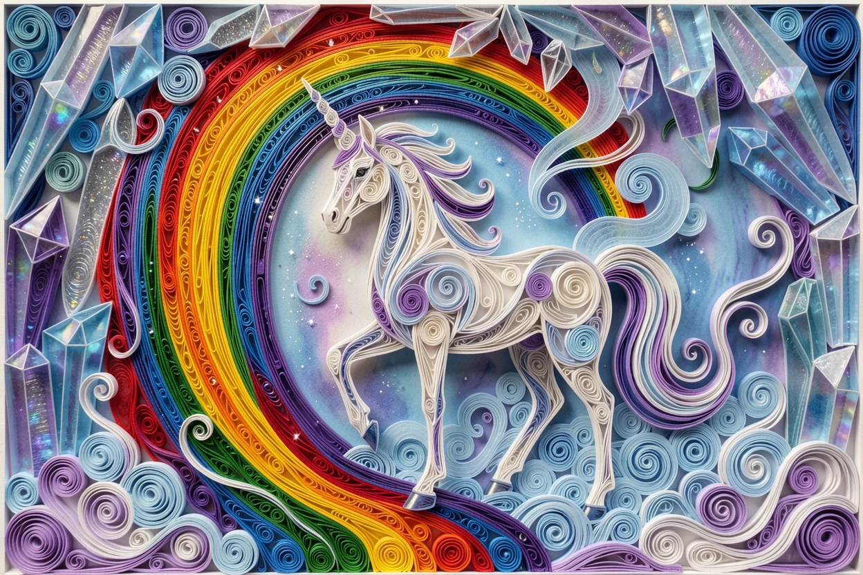 a graceful unicorn standing beneath a rainbow waterfall, within a crystal grotto glowing from within, composed with soft ethereal mist drifting through the scene, with delicate wisps of magical mist curling upward.