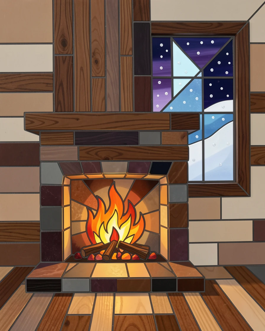 A charming, nostalgic scene of a crackling fireplace in a rustic cabin during a snowy evening, evoking calm and comfort.