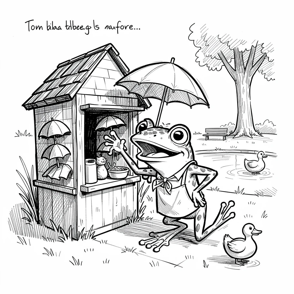 A frog opening a tiny umbrella shop by a pond beside a duck pond in the park.
