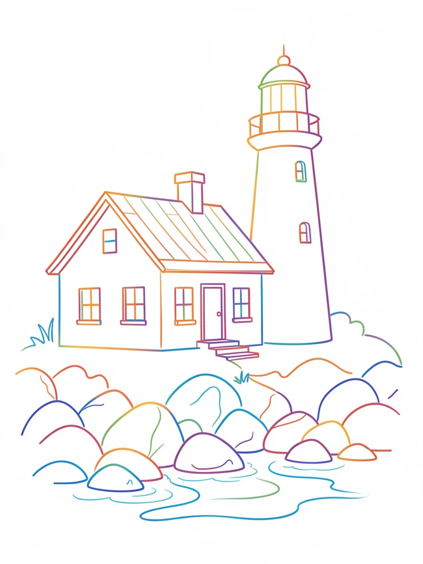 A single lighthouse keeper's cottage nestled beside a rocky shoreline.
