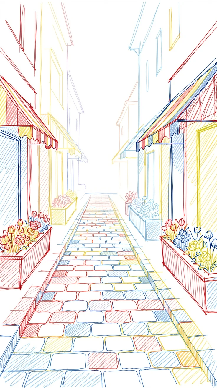 A quiet cobblestone lane lined with flower boxes and striped awnings