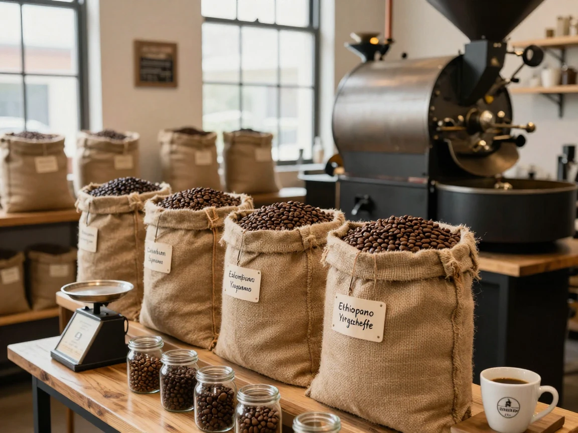 A coffee roastery with bags of freshly roasted beans