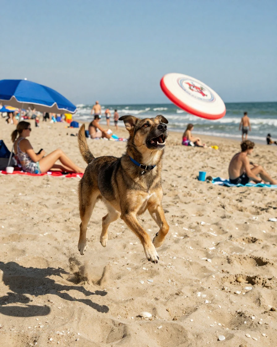 A dog leaps to catch a frisbee mid-air at a sunny beach.