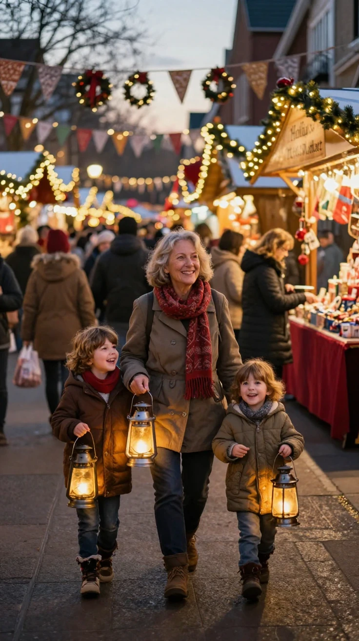 A grandmother and her grandchildren carrying lanterns through a festival crowd along a street filled with holiday markets