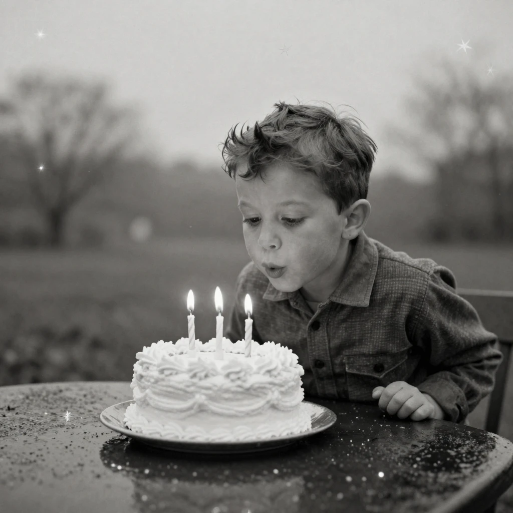 A child blowing out candles on a homemade birthday cake, under a canopy of stars, just after a rain shower, with puddles reflecting the sky, in early spring, with stark black-and-white contrast softened by a single warm hue, in a tight close-up.