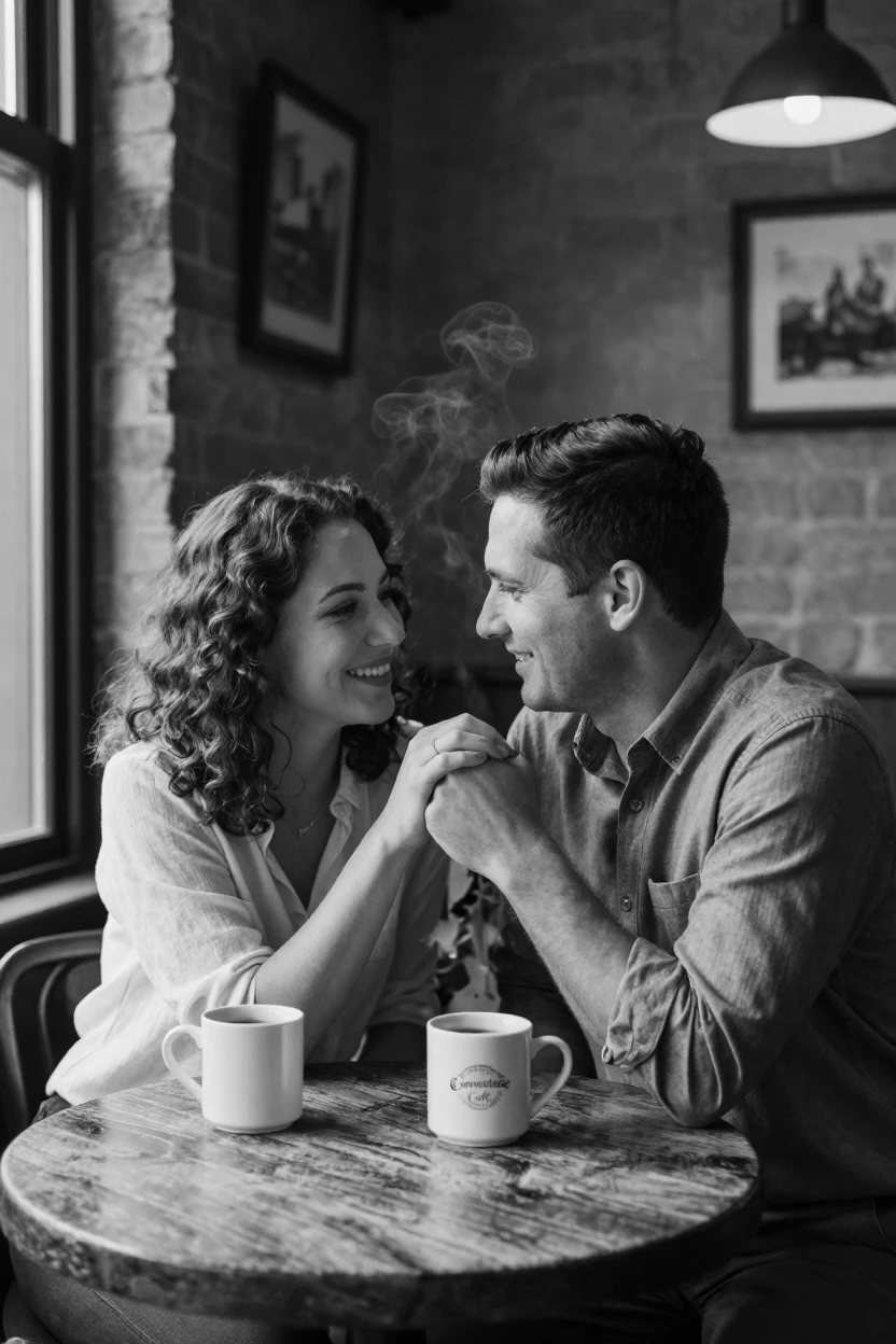 A couple on their first date share a nervous laugh over coffee at a quiet corner café.