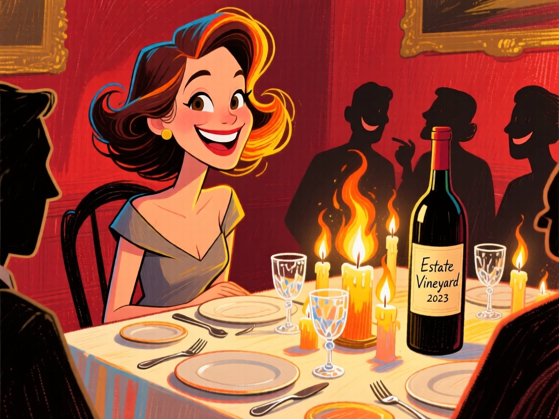 A woman hosting a small dinner party, elegant table setting and candles glowing.
