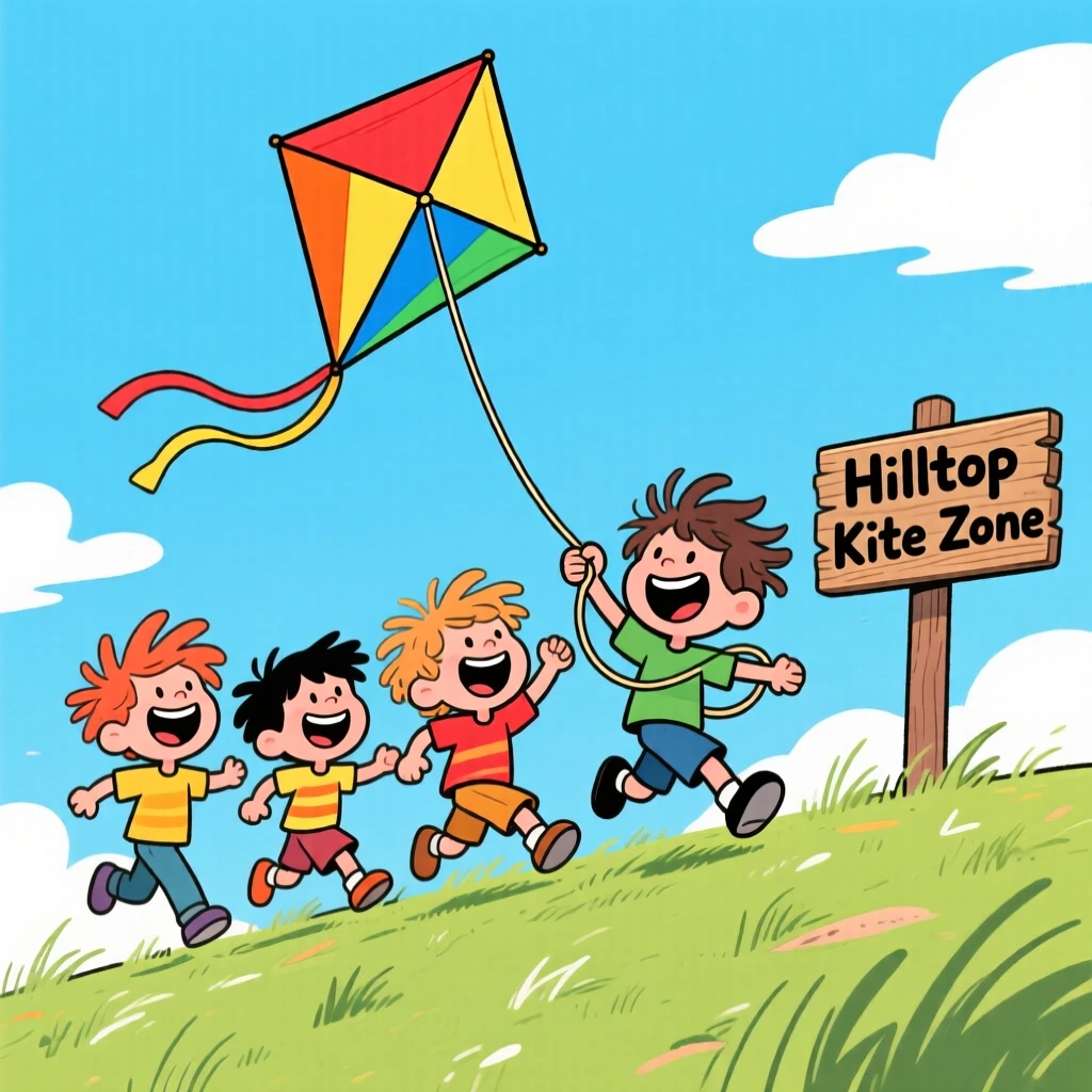 A playful childhood moment of a group of kids flying a colorful kite on a breezy hilltop, with wide grins and messy hair.