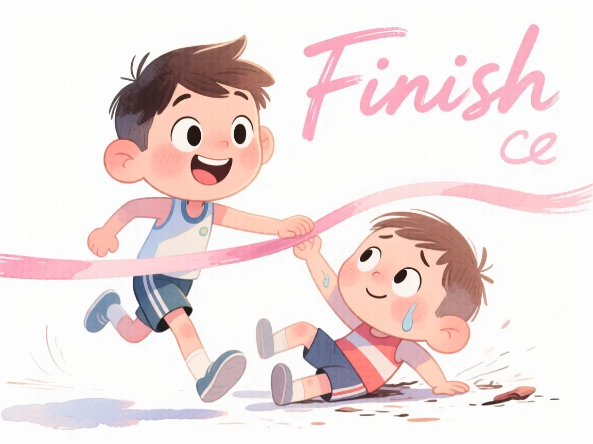 An uplifting, heartwarming moment of a young athlete helping a fallen competitor across the finish line