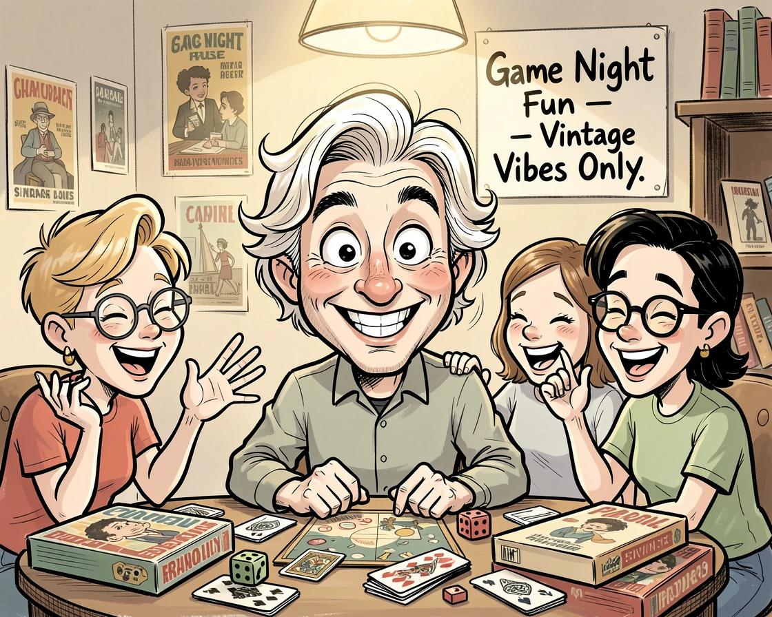 [Trending & Universal Topics] Modern lifestyle scene of a cheerful vintage collector hosting a lively game night with friends, capturing everyday joy