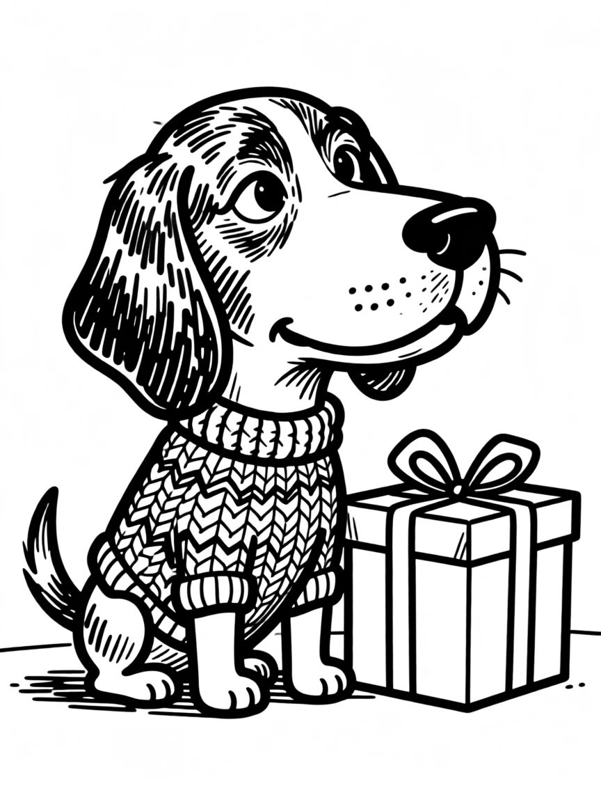 A beagle wearing a knitted holiday sweater, sitting beside a wrapped present twice its size.
