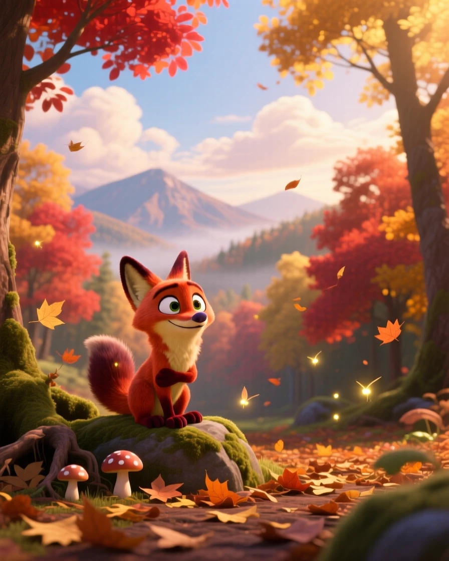 A autumn forest ablaze with color glows under a sky full of drifting clouds, with distant mountains fading into soft haze. A deep sense of peace and quiet awe fills the scene.