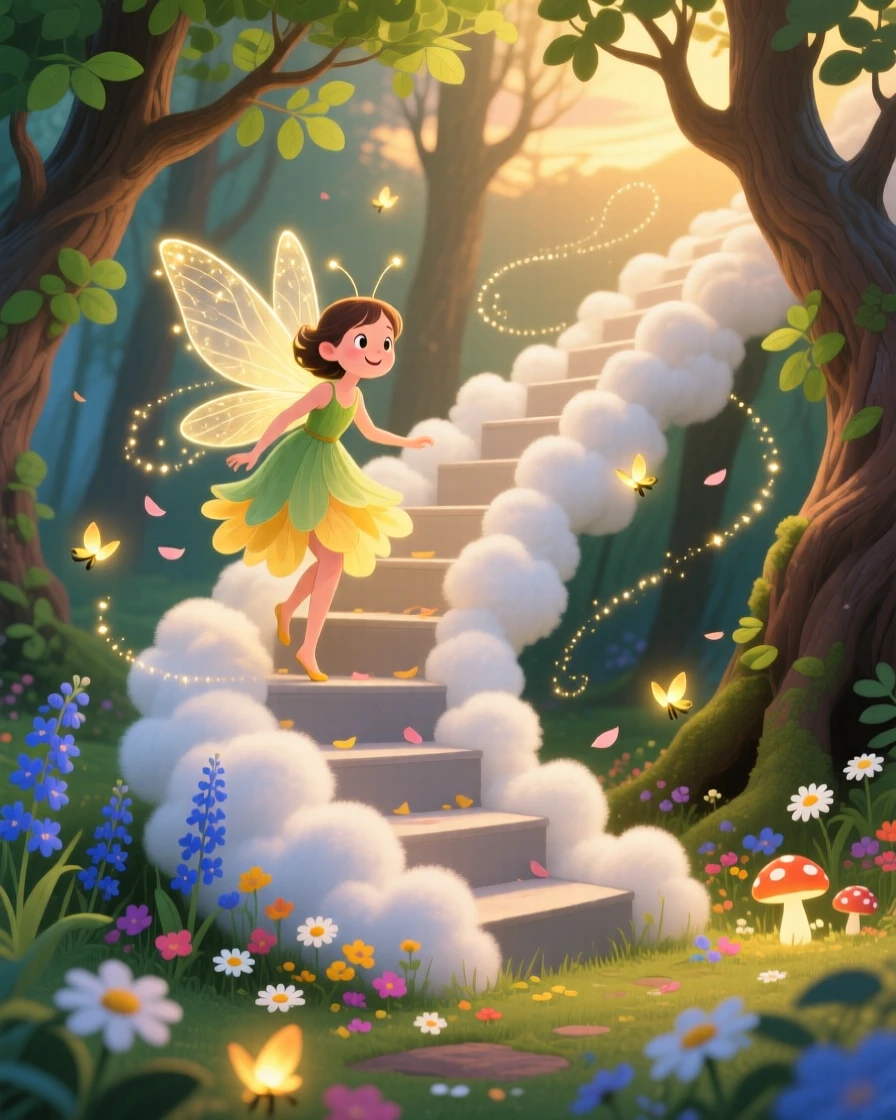 A firefly fairy is climbing a staircase made of clouds in an enchanted forest, while a gentle breeze carries the scent of flowers.