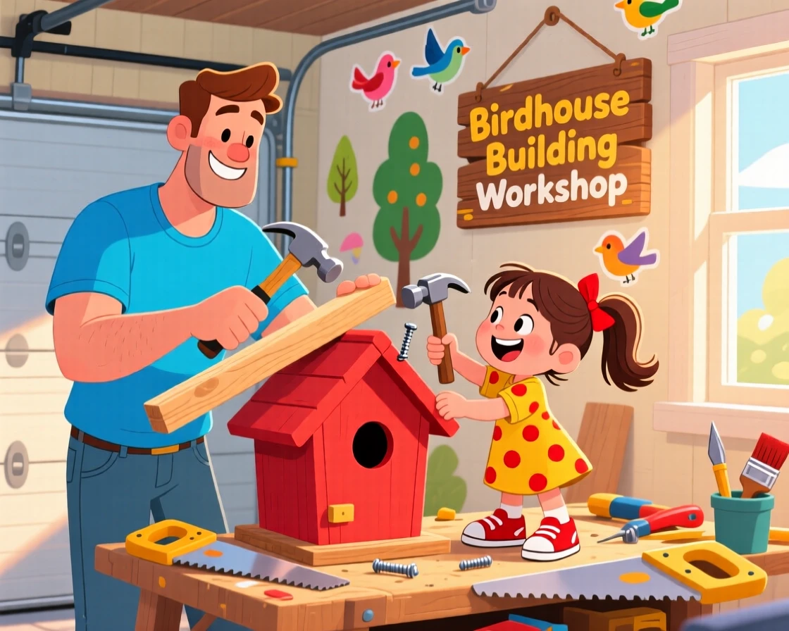 A father and daughter building a birdhouse in the garage.