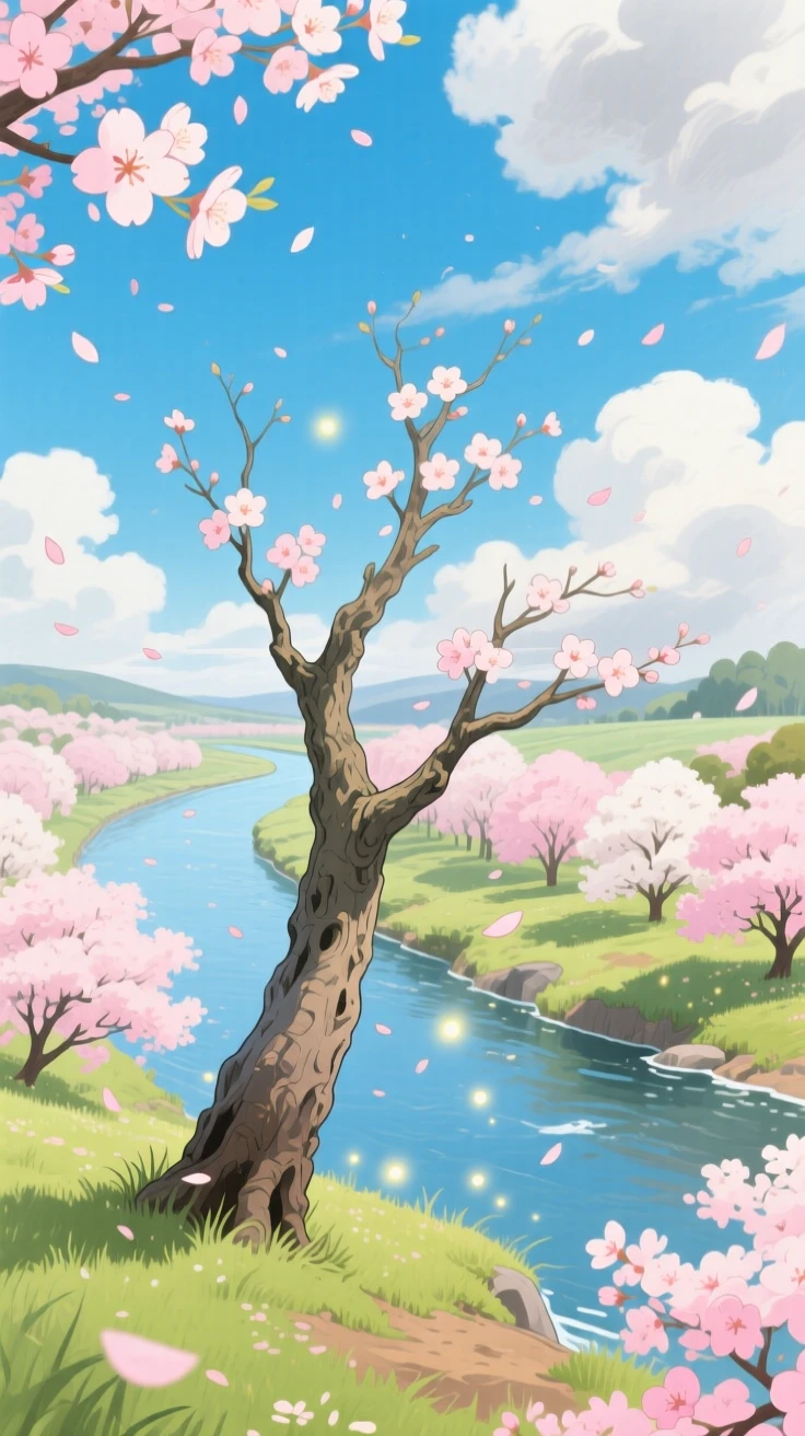 A breathtaking view of a cherry-blossom-lined riverbank, with a lone weathered tree standing at its center, under a sky full of drifting clouds, viewed from a high vantage point.