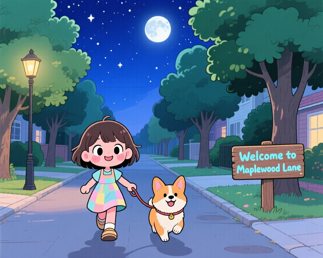 A young girl walking the family dog around the block in a tree-lined neighborhood street under a starry midsummer night sky; soft moonlight washes over the scene as wide-eyed wonder fills the moment. Symmetrical front-on view.
