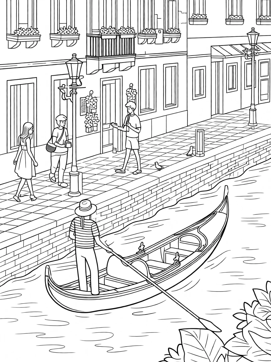 A gondola drifting through a Venetian canal, with locals and travelers strolling nearby.